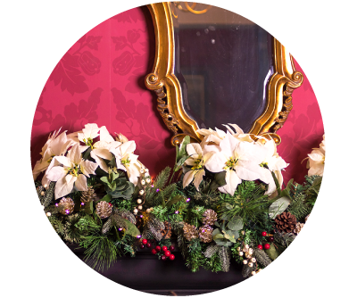 Mirror and Festive Christmas Flowers in Old Music Shop Restaurant Dublin Ireland