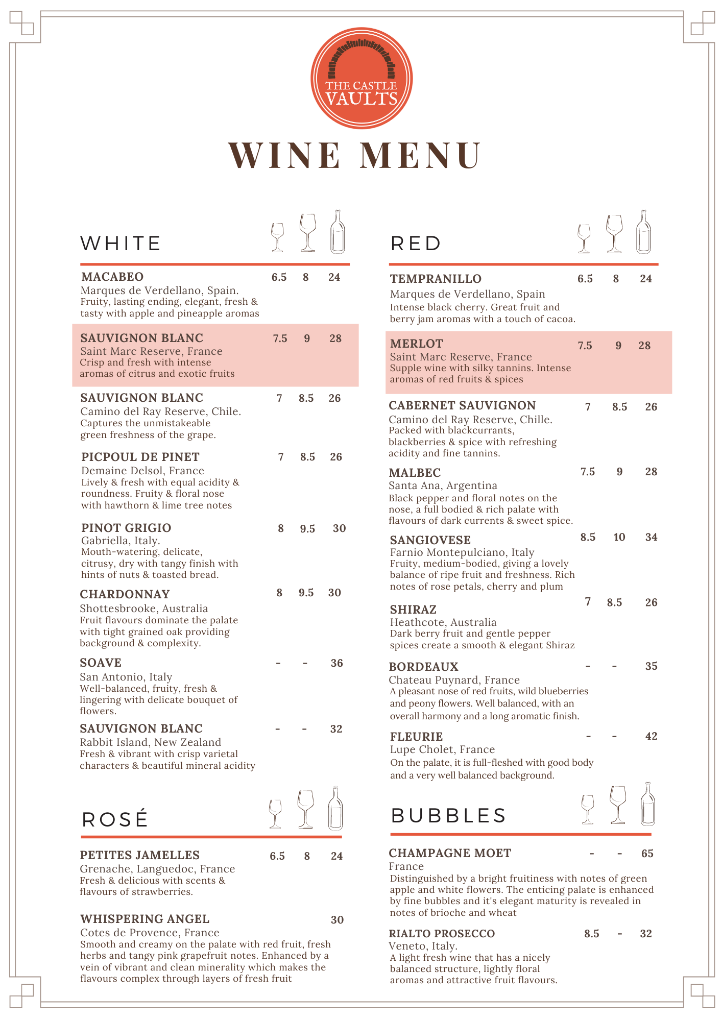 Red and White Wine Menu Castle Vaults Bar and Restaurant